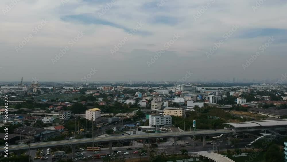 Aerial panorama view of skyline city and cargo boat at Paknam gulf of Thailand Aerial panorama view of skyline city and cargo boat at Paknam gulf of Thailand