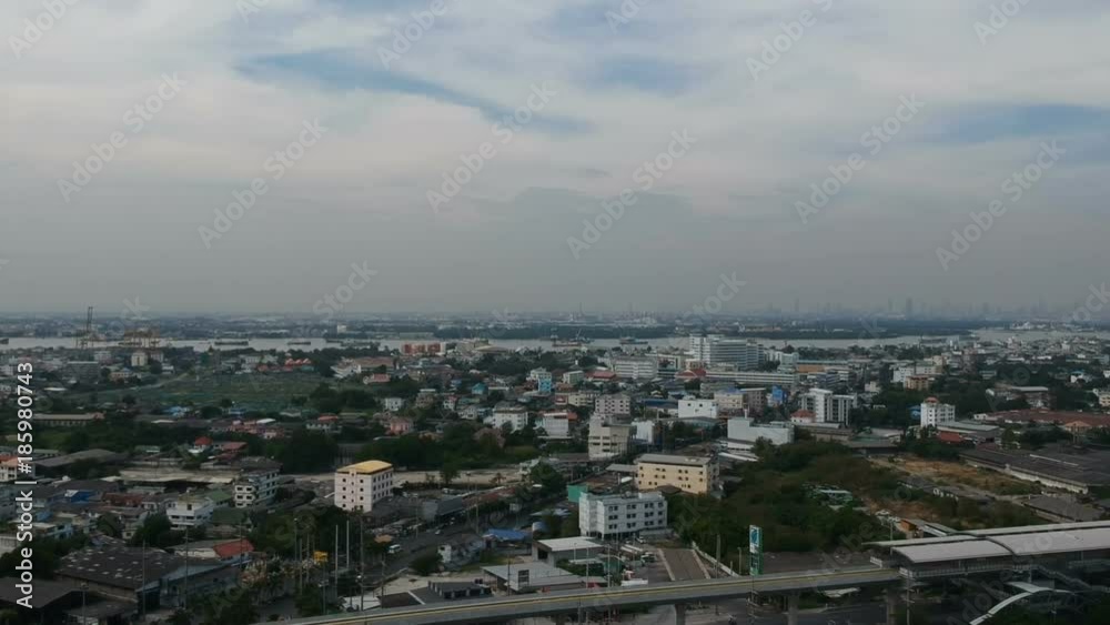 Aerial panorama view of skyline city and cargo boat at Paknam gulf of Thailand Aerial panorama view of skyline city and cargo boat at Paknam gulf of Thailand