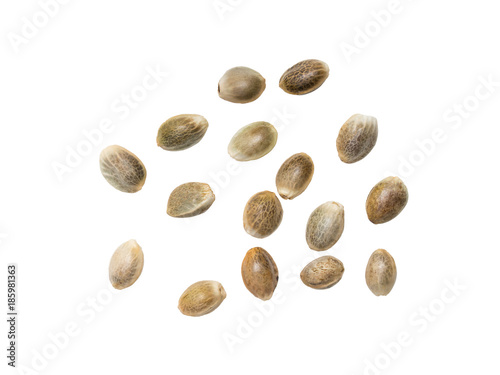 Close up of some hemp seed spread out on white background seen from above