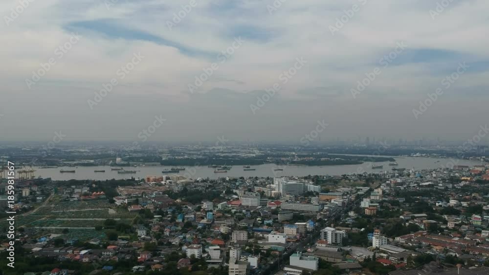Aerial panorama view of skyline city and cargo boat at Paknam gulf of Thailand Aerial panorama view of skyline city and cargo boat at Paknam gulf of Thailand