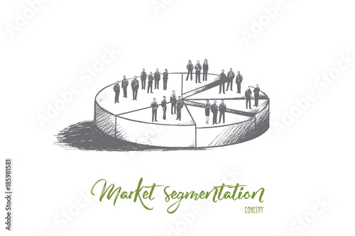 Market segmentation concept. Hand drawn illustration of a pie chart. Sectors with different people isolated vector illustration.