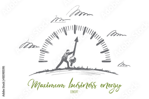 Maximum business energy concept. Hand drawn person makes the most of the effort. Businessman working hard isolated vector illustration.