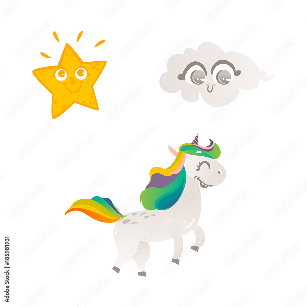 Fototapeta premium Vector cartoon funny stylized unicorn walking, smiling with rainbow colorful hair and horn, sun star, smiling cloud set. Fairy mysterious creature, isolated illustration on a white background