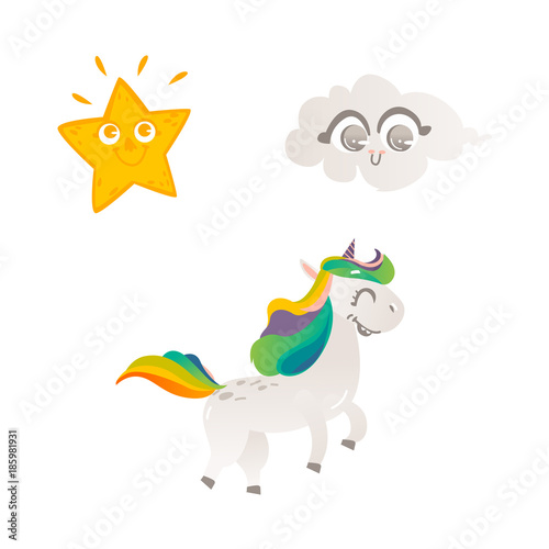 Vector cartoon funny stylized unicorn walking  smiling with rainbow colorful hair and horn  sun star  smiling cloud set. Fairy mysterious creature  isolated illustration on a white background