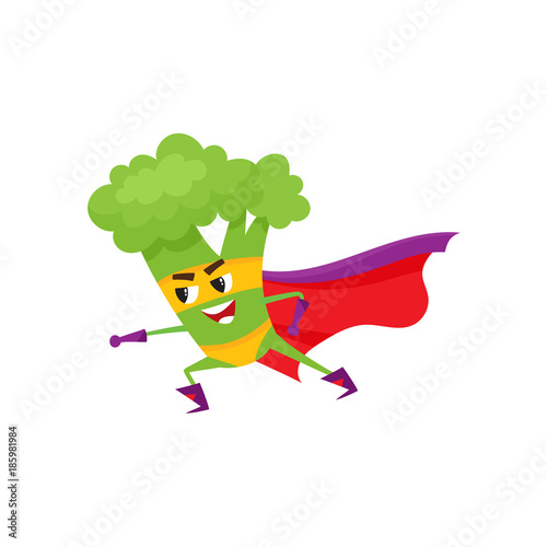 vector flat cartoon broccoli character in red cape, mask standing in fight position. Isolated illustration on a white background. Funny fruit, vegetable super hero protecting people health