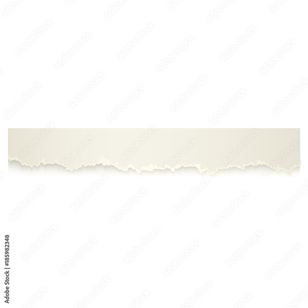 Horizontal piece, ribbon of torn-off blank paper with ripped edge, realistic vector illustration isolated on transparent background. Realistic vector ribbon, banner, piece of torn-off, ragged paper