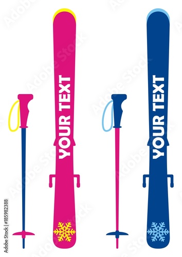 Ski and ski sticks, vector icon. Text placement option. Men's and women's set.