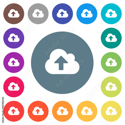 Cloud upload flat white icons on round color backgrounds