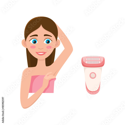 vector flat girl in pink towel showing clean epilated armpit. Hair removal tool, armpit epilation concept and electric shave icon. Isolated illustration on a white background.