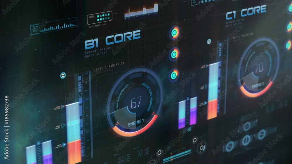 Engine data on futuristic screen, spacecraft flight information in control room. Ship or machine dashboard with technical flight information in outer space

