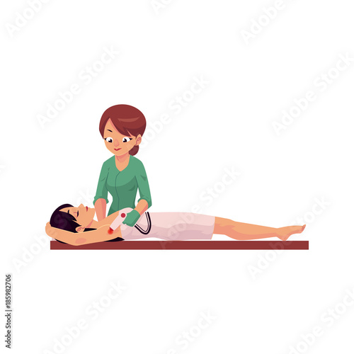 vector cartoon salon hair removal scene. Woman therapist in professional cosmetology beauty clinic removing hair from armpits of young cute girl by laser. Isolated illustration on a white background