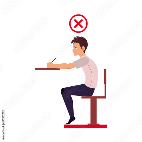 Man writing in incorrect sitting position - table too high, shoulders rolled forward, back hunched, cartoon vector illustration isolated on white background. Incorrect sitting position infographics