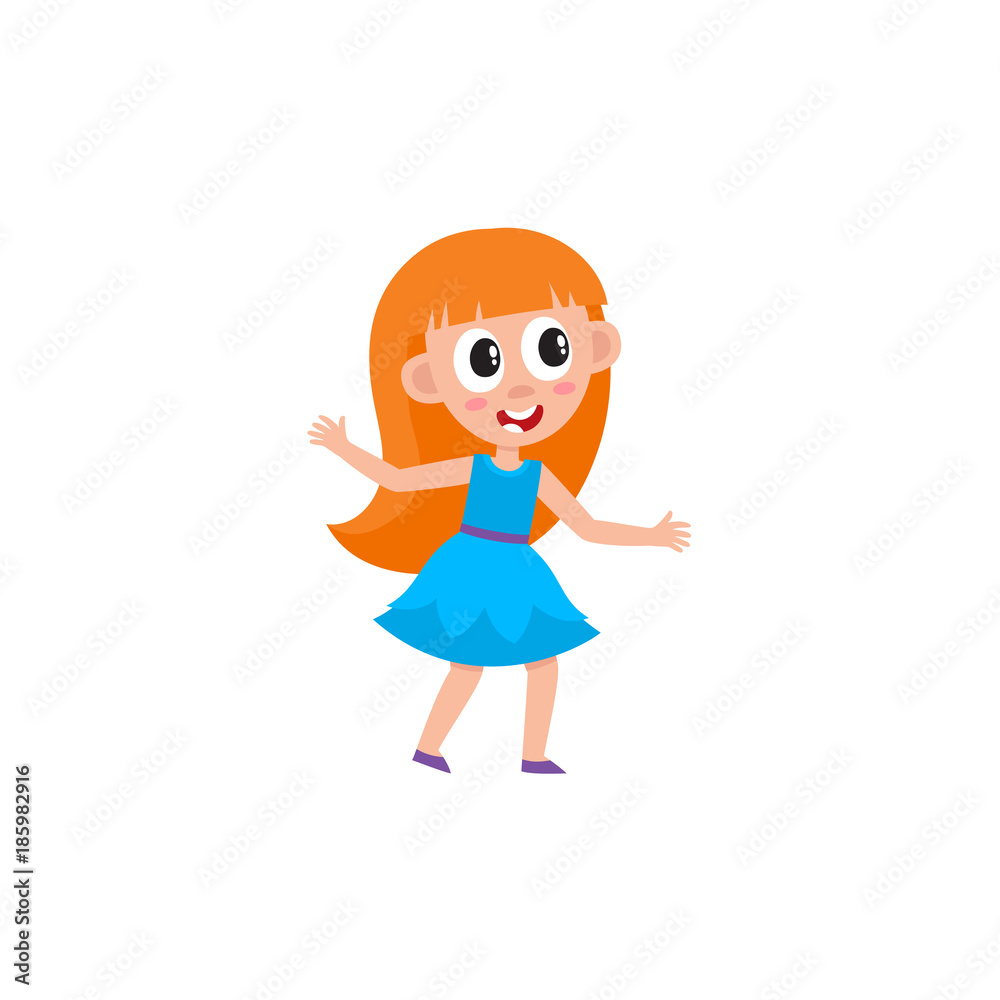 vector flat cartoon children at summer camp concept. Long red-haired Girl in blue dress having fun dancing at party . Isolated illustration on a white background. vector flat cartoon children at summer camp concept. Long red-haired Girl in blue dress having fun dancing at party . Isolated illustration on a white background.