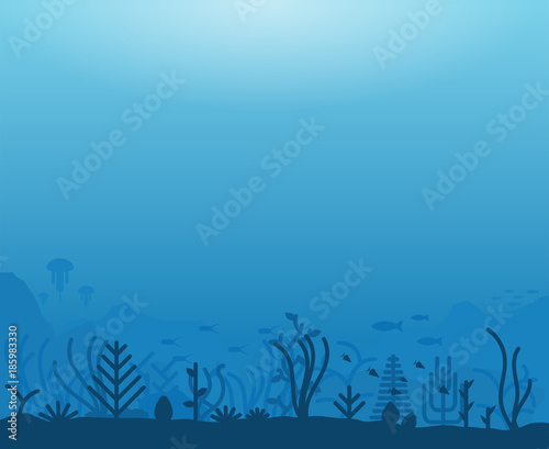 Underwater ocean scene. Deep blue water, coral reef and underwater plants with fish. Marine water life and ground with rocks. Modern line illustration.