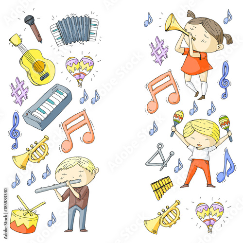 Vector school of music Musical theatre Kindergarten children with music instruments Drum, flute, accordion, trumpet, piano Music perfomance and school age kids Children orchestra