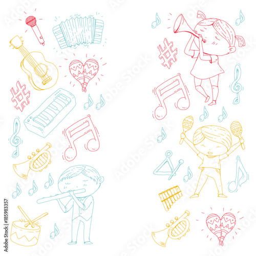Vector school of music Musical theatre Kindergarten children with music instruments Drum, flute, accordion, trumpet, piano Music perfomance and school age kids Children orchestra