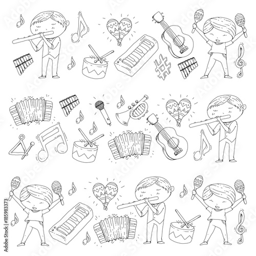Vector school of music Musical theatre Kindergarten children with music instruments Drum, flute, accordion, trumpet, piano Music perfomance and school age kids Children orchestra