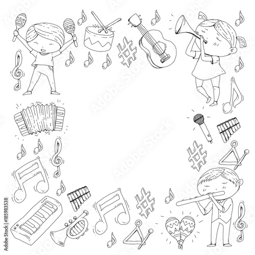 Vector school of music Musical theatre Kindergarten children with music instruments Drum, flute, accordion, trumpet, piano Music perfomance and school age kids Children orchestra