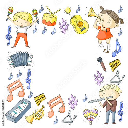 Vector school of music Musical theatre Kindergarten children with music instruments Drum, flute, accordion, trumpet, piano Music perfomance and school age kids Children orchestra
