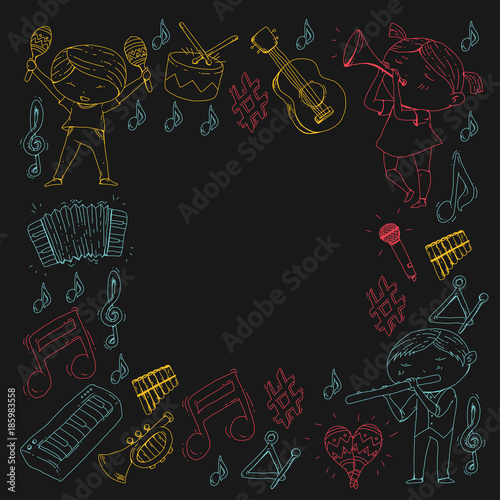 Vector school of music Musical theatre Kindergarten children with music instruments Drum, flute, accordion, trumpet, piano Music perfomance and school age kids Children orchestra
