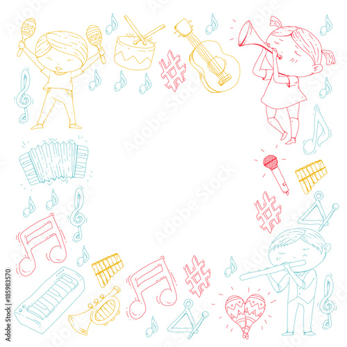 Vector school of music Musical theatre Kindergarten children with music instruments Drum, flute, accordion, trumpet, piano Music perfomance and school age kids Children orchestra