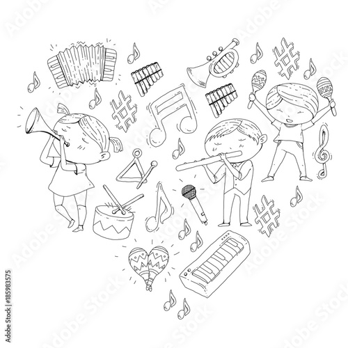 Vector school of music Musical theatre Kindergarten children with music instruments Drum, flute, accordion, trumpet, piano Music perfomance and school age kids Children orchestra