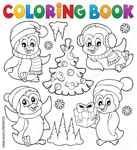 Coloring book Christmas penguins 1