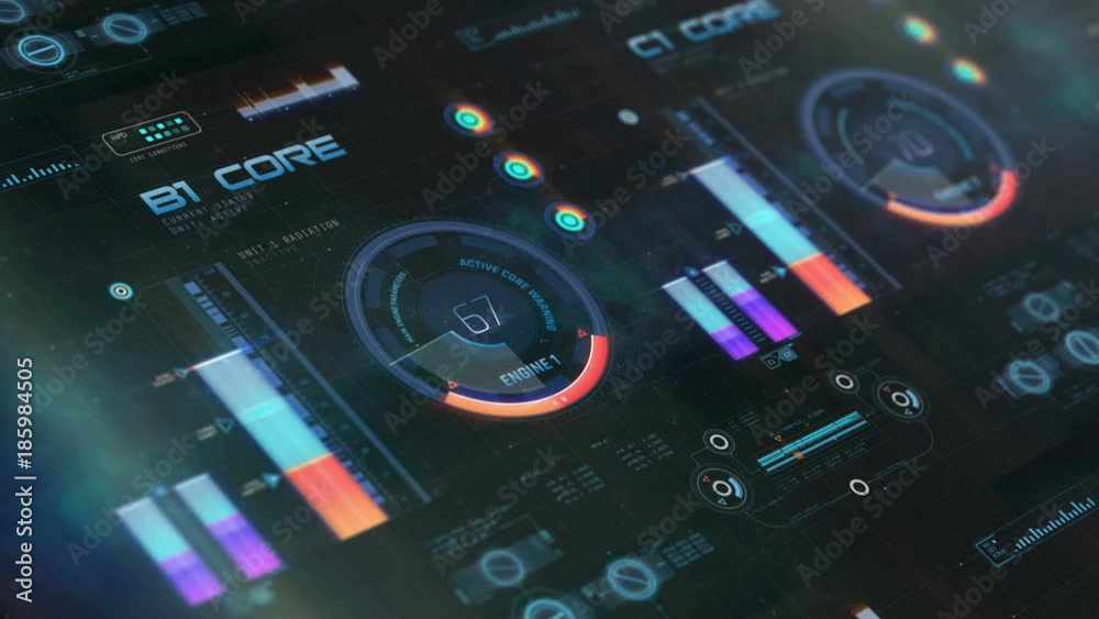 Futuristic air or space craft control board, engine data on screen, high speed. Ship or machine dashboard with technical flight information in outer space

