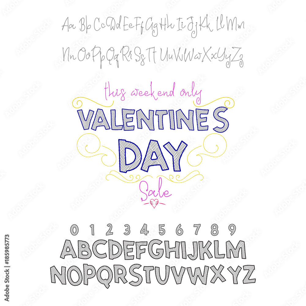 Happy Valentines Day- font. Vector alphabet. Hand Lettering script font. Typography abc for Designs: Logos, Packaging Design, Poster. ABC...