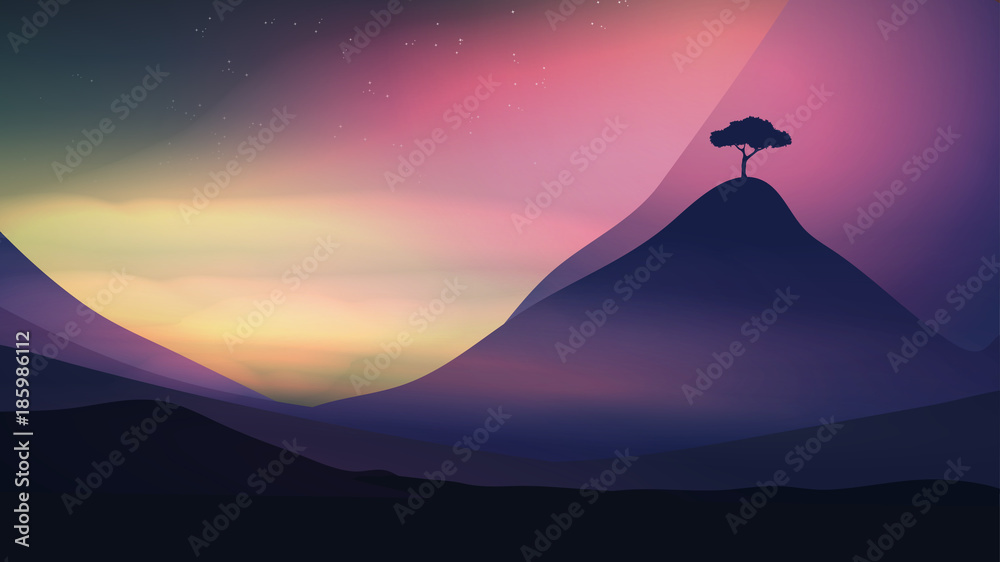 Sunset in the Mountains with a Lone Tree - Vector Illustration