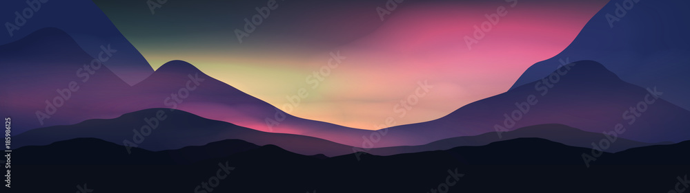 Sunset or Dawn Over Silk Mountains Landscape Panorama - Vector Illustration