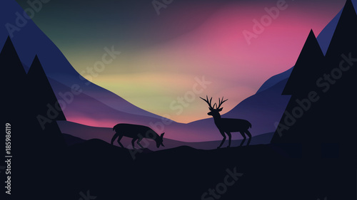 Sunset or Dawn Over Mountains with Stag on Hill Top  Landscape - Vector Illustration