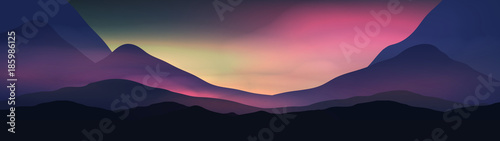 Sunset or Dawn Over Silk Mountains Landscape Panorama - Vector Illustration