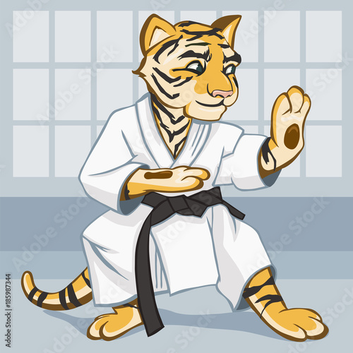 Tiger is dressed in a kimono is engaged in karate