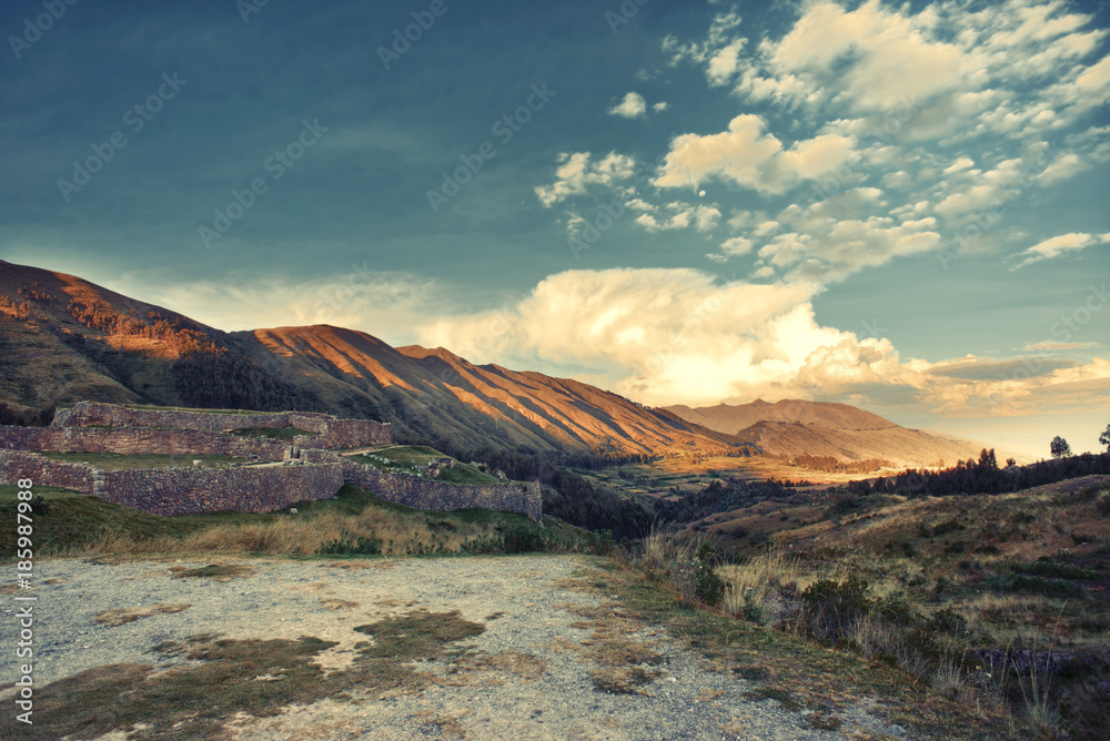 Sunset in the Puca Pucara, Inca ruins at Secret Valey, Cuzco Peru. Vintage filter applied.