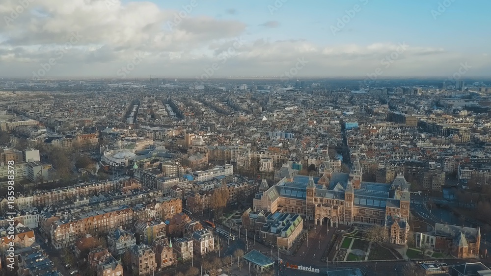 Aerial establishing shot of Amsterdam, the Netherlands