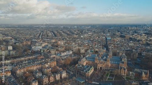 Aerial establishing shot of Amsterdam, the Netherlands