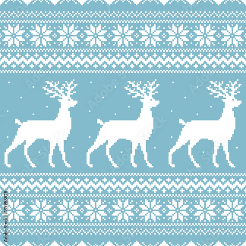Christmas blue knitted winter sweater vector seamless pattern ornament with pixel art deer