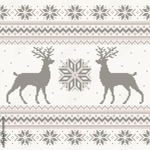 Beautiful vector Christmas knitted sweater nordic ornament design with pixel deer