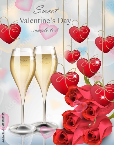 Two glasses of champagne and roses bouquet. Vector realistic for Valentines D...
