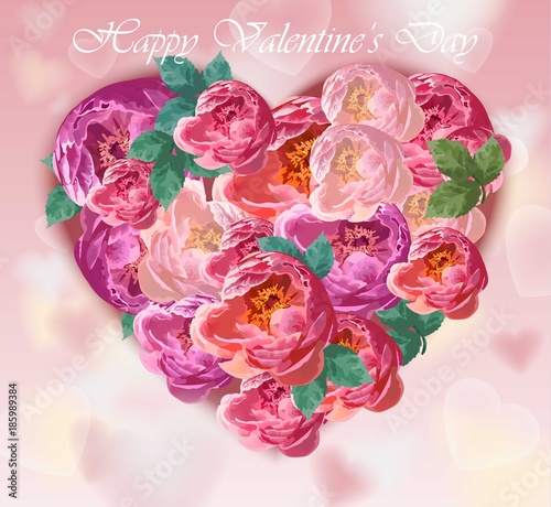 Valentines day card. Peony flowers heart shape background Vector