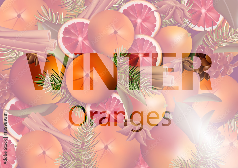Winter background with orange slices Vector realistic
