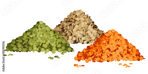 Various types of lentils piles set