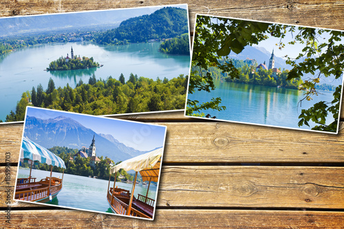 Bled lake, the most famous lake in Slovenia with the island of the church (Europe - Slovenia) - Postards concept on colored wooden background
