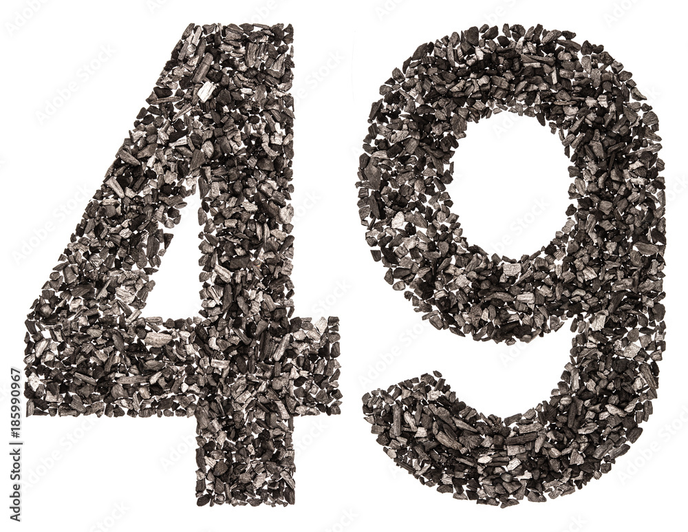 Arabic numeral 49, forty nine, from black a natural charcoal, isolated on white background
