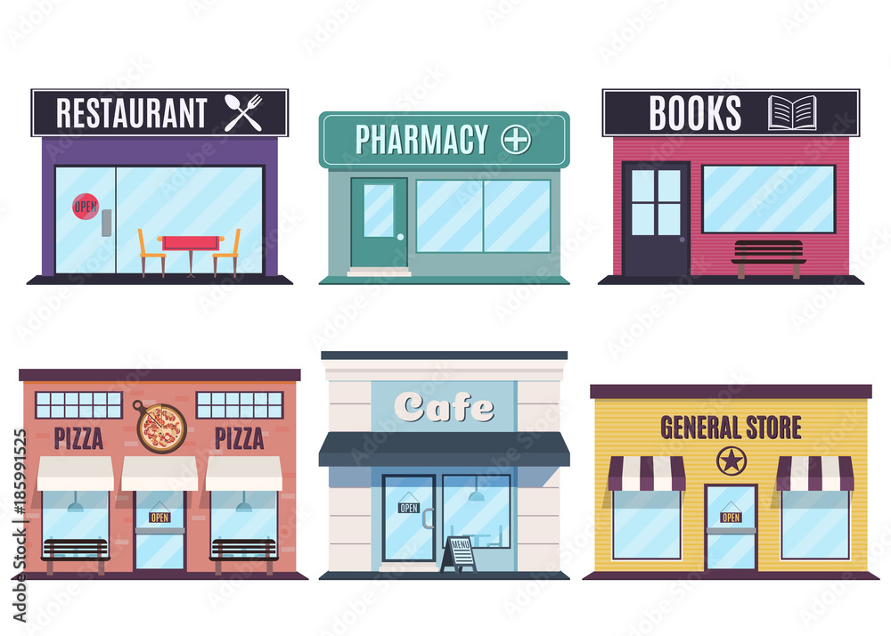 Store and restaurants facades. Fast Food Restaurants and shop buildings. Vector illustration in flat style Store and restaurants facades. Fast Food Restaurants and shop buildings. Vector illustration in flat style