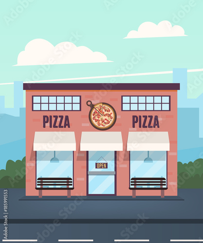 Pizzeria in the background of the city. Pizzeria facade. Vector illustration in a flat style