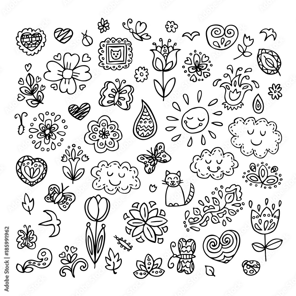 Spring doodles set. Hand draw flowers, sun, clouds, butterflies. Spring doodles set. Hand draw flowers, sun, clouds, butterflies.