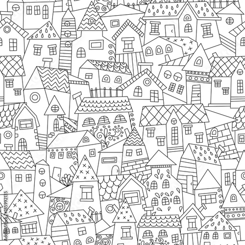 Fototapeta Naklejka Na Ścianę i Meble -  Doodle hand drawn town seamless pattern. Seamless pattern can be used for wallpaper,  pattern fills, web page background, surface textures.