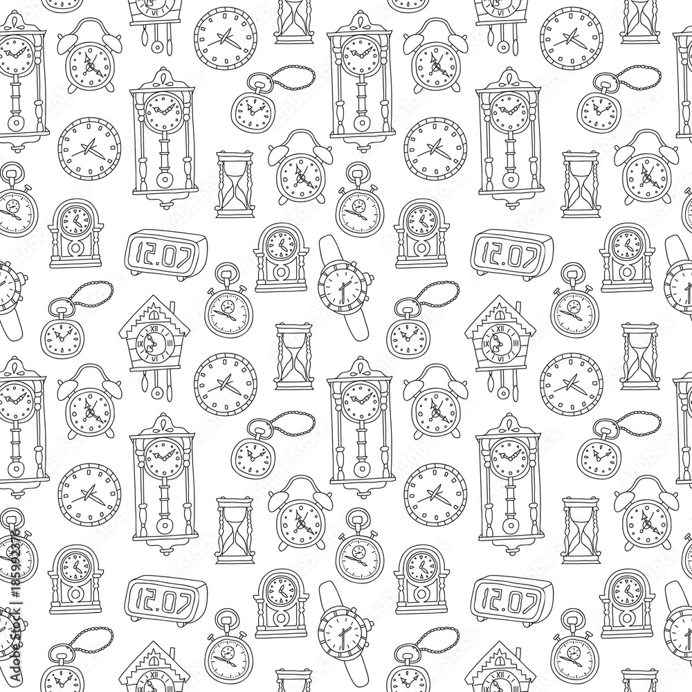 Seamless pattern with doodle watches and clocks. Can be used for textile, website background, book cover, packaging.